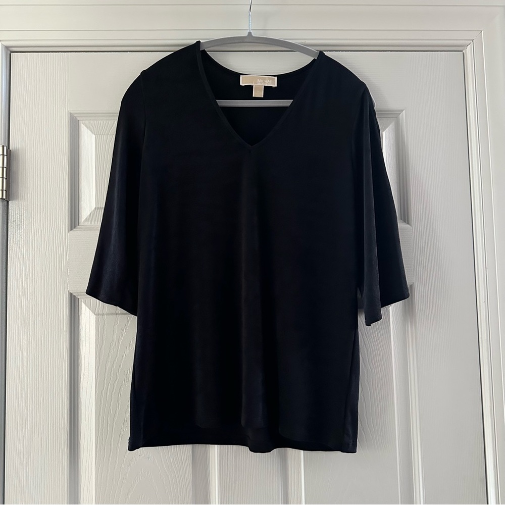 Michael Kors Black  V-Neck Women's Top with golden accents on sleeves, Medium